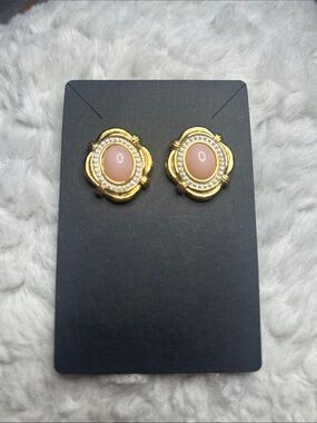 Vintage Gold-Plated Pink Cabochon Stud Earrings